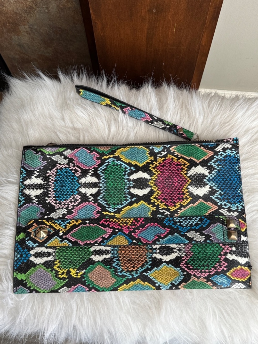 Faux leather colorful snakeskin print wristlet
